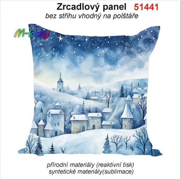 Potah na polštář -samet-modré zimní domečky (1)