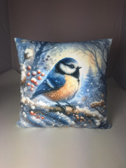 Potah na polštář -samet-ptáček v zimním lese