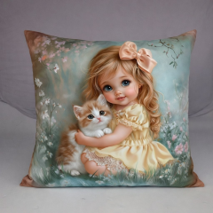 Potah na polštář -samet- holčička s kotětem (1)