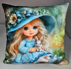 Potah na polštář -samet- holčička s králíčkem