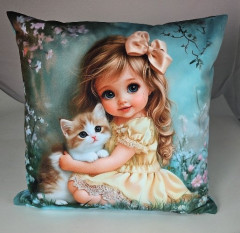 Potah na polštář -samet- holčička s kotětem (2)