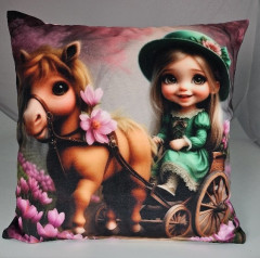 Potah na polštář -samet- holčička s koníkem