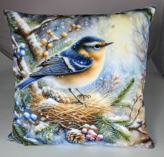 Potah na polštář -samet-ptáček v zimním lese